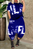 Blue Casual Print Patchwork O Neck Short Sleeve Two Pieces