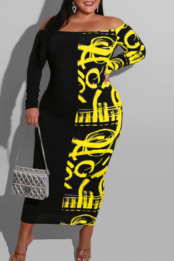 Yellow Sexy Print Patchwork Off the Shoulder Pencil Skirt Dresses
