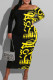 Yellow Sexy Print Patchwork Off the Shoulder Pencil Skirt Dresses