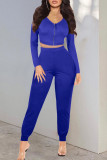 Colorful Blue Casual Solid Patchwork Zipper V Neck Long Sleeve Two Pieces