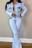 Black Sexy Denim Solid Buttons Turndown Collar Skinny Jumpsuits