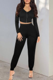 Colorful Blue Casual Solid Patchwork Zipper V Neck Long Sleeve Two Pieces