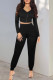 Black Casual Solid Patchwork Zipper V Neck Long Sleeve Two Pieces