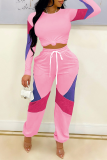 Pink Casual Solid Patchwork O Neck Long Sleeve Two Pieces