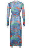 Blue Sexy Print Hollowed Out Patchwork Metal Accessories Decoration O Neck Pencil Skirt Dresses