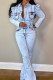 Baby Blue Sexy Denim Solid Buttons Turndown Collar Plus Size