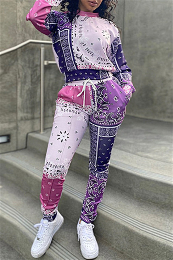 Purple Fashion Casual Print Basic O Neck Long Sleeve Two Pieces