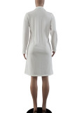 White Casual Solid Split Joint Turndown Collar Long Sleeve Dresses