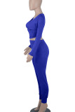 Colorful Blue Casual Solid Patchwork Zipper V Neck Long Sleeve Two Pieces