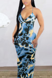 Blue Sexy Print Leopard Patchwork Spaghetti Strap Sling Dress Dresses