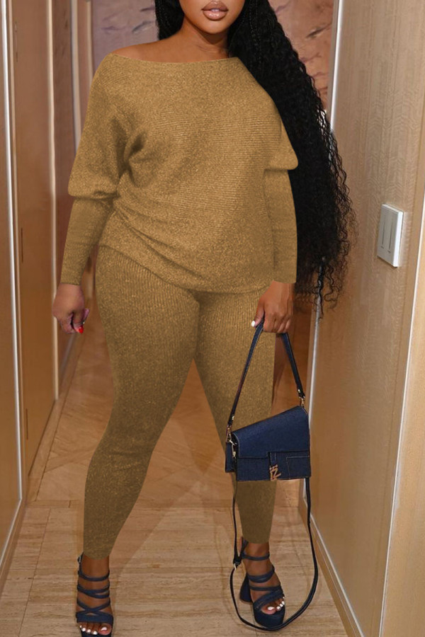 Khaki Casual Solid Patchwork O Neck Long Sleeve Two Pieces