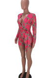 Rose Red Sexy Print Bandage Patchwork V Neck Regular Rompers
