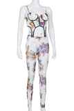 Blue Sexy Print Patchwork Spaghetti Strap Sleeveless Two Pieces