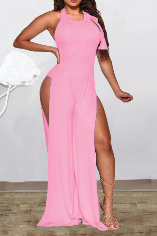 Pink Sexy Solid Patchwork O Neck Regular Jumpsuits