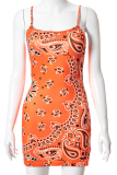 Pink Sexy Print Draw String Spaghetti Strap Pencil Skirt Dresses