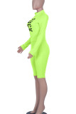 Blue Sportswear Letter Print Patchwork Zipper Collar Skinny Rompers