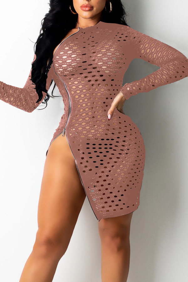 Khaki Sexy Solid Hollowed Out Patchwork Zipper Zipper Collar Pencil Skirt Dresses