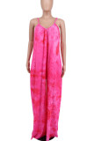 Red Casual Print Tie Dye Split Joint Spaghetti Strap Loose Jumpsuits