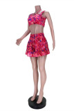 Rose Red Fashion Sexy Print Bandage Backless Spaghetti Strap Sleeveless Two Pieces