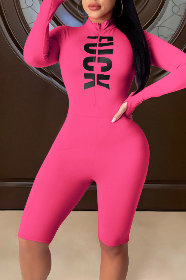 Rose Red Sportswear Letter Print Patchwork Zipper Collar Skinny Rompers