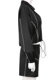 Black Sportswear Striped Print Patchwork Zipper Collar Long Sleeve Two Pieces