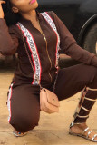 Coffee Casual Solid Zipper Collar Long Sleeve Two Pieces