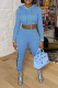 Blue Casual Print Hollowed Out Hooded Collar Long Sleeve Two Pieces