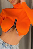 Orange Fashion Casual Solid Zipper Turtleneck Tops