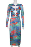 Blue Sexy Print Hollowed Out Patchwork Metal Accessories Decoration O Neck Pencil Skirt Dresses