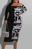 White Sexy Print Patchwork Off the Shoulder Pencil Skirt Dresses