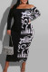 White Sexy Print Patchwork Off the Shoulder Pencil Skirt Dresses