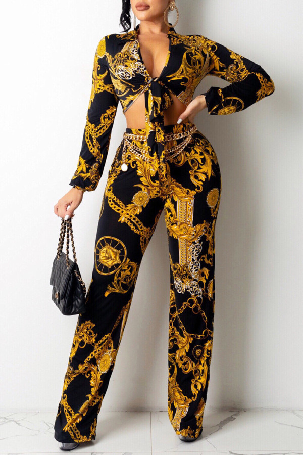 Gold Fashion Casual Print Bandage V Neck Long Sleeve Two Pieces