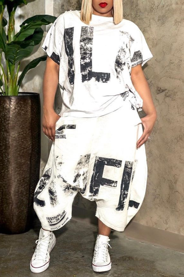 White Casual Print Patchwork O Neck Short Sleeve Two Pieces