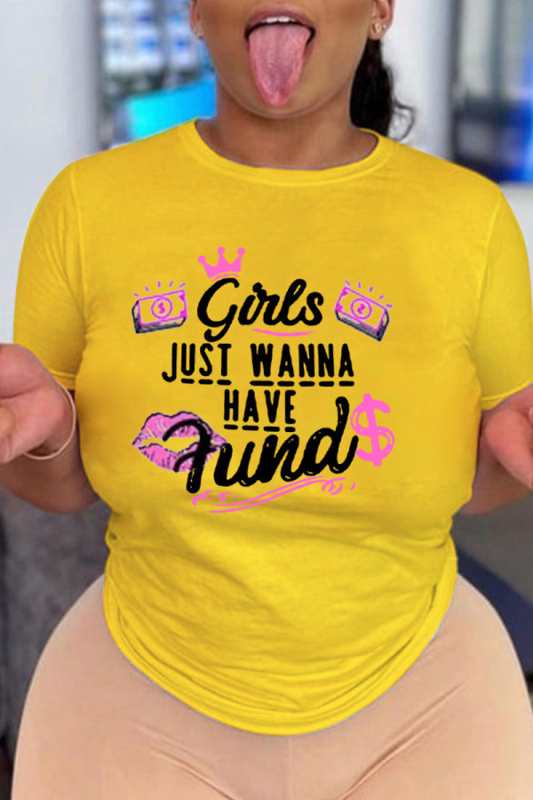 Yellow Casual Print Patchwork O Neck T-Shirts