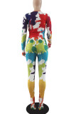 Multi-color Sexy Print Split Joint V Neck Long Sleeve Two Pieces