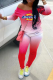 Red Casual Gradual Change Patchwork Off the Shoulder Long Sleeve Two Pieces