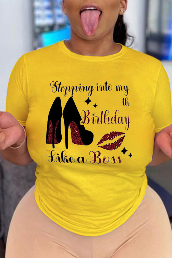 Yellow Casual Print Patchwork O Neck T-Shirts