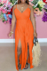 Tangerine Red Casual Solid Tassel Spaghetti Strap Loose Jumpsuits