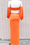 Tangerine Sexy Solid Hollowed Out Patchwork Asymmetrical Strapless Long Sleeve Two Pieces