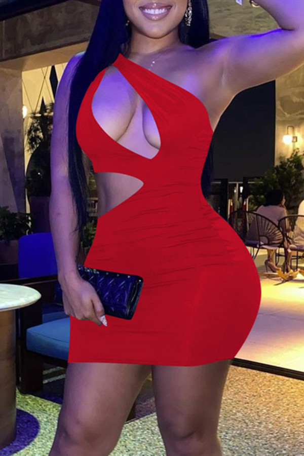 Red Fashion Sexy Solid Hollowed Out One Shoulder Sleeveless Dress