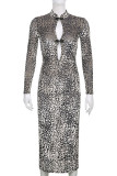 Black White Sexy Print Hollowed Out Patchwork Slit V Neck Pencil Skirt Dresses