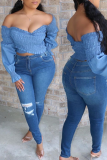 Blue Sexy Solid Fold Off the Shoulder Tops