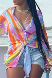 Multicolor Casual Print Patchwork Buckle Turndown Collar Tops