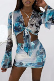 Black Fashion Sexy Print Bandage V Neck Long Sleeve Two Pieces