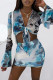 Black Fashion Sexy Print Bandage V Neck Long Sleeve Two Pieces