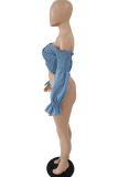 Blue Sexy Solid Fold Off the Shoulder Tops