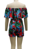 Multicolor Sexy Print Split Joint Off the Shoulder Short Sleeve Two Pieces