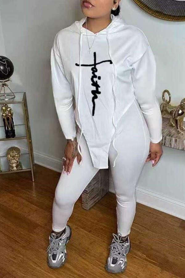 White Casual Print Patchwork Asymmetrical Hooded Collar Long Sleeve Two Pieces