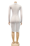 Apricot Sexy Solid Mesh V Neck Pencil Skirt Dresses
