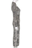 Black White Sexy Print Hollowed Out Patchwork Slit V Neck Pencil Skirt Dresses